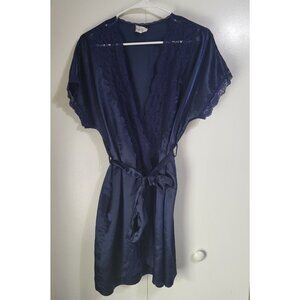 VANITY FAIR Women's M Navy Blue Vintage Robe Lace Short Open Front Belt USA